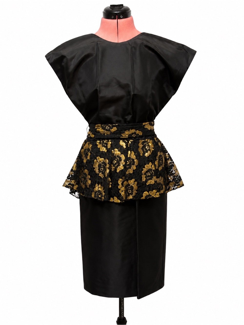 Vintage 1980s MENA Black & Gold Peplum Cocktail Dress – Size 7/8 – Made in USA